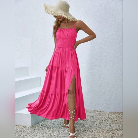 New Flowy Boho Ruched Cami Maxi Dress Hot Pink - Picture 3 of 8
